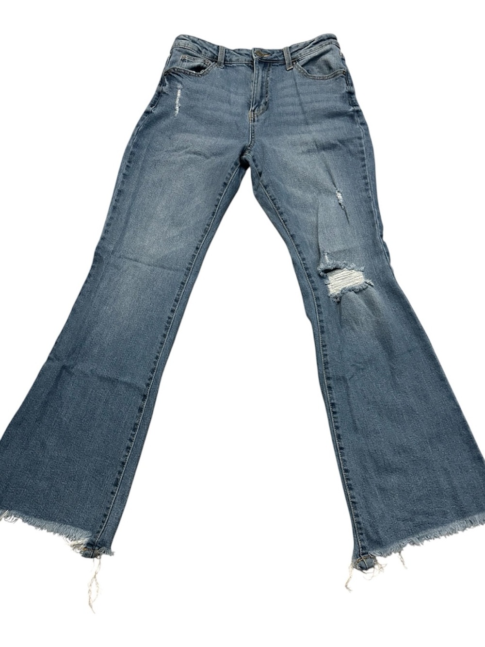No Boundaries Distressed Light Blue Flare Jeans w Taw hem distressed